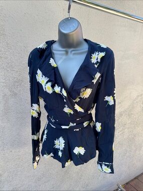 Ganni Navy Floral Wrap Blouse with White & Yellow Daisies